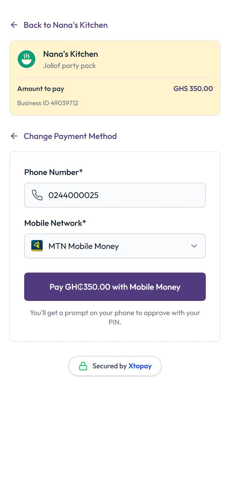 The checkout: Mobile Money chosen, with the phone number and network, and a Pay button