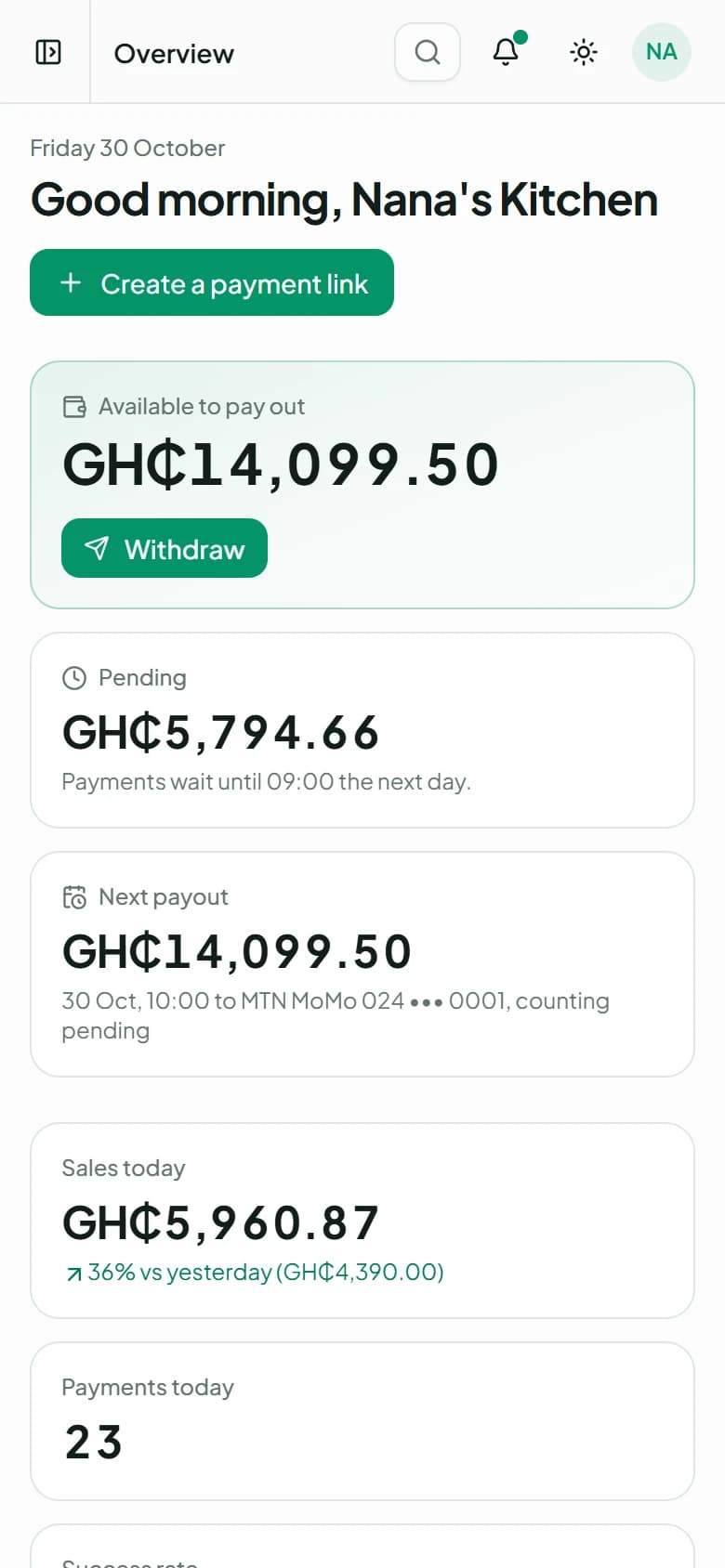 The dashboard's overview on a phone