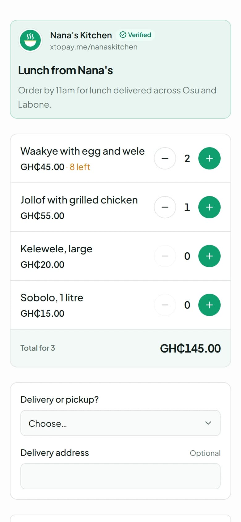 A payment page with products: two waakye and a jollof chosen, with the total