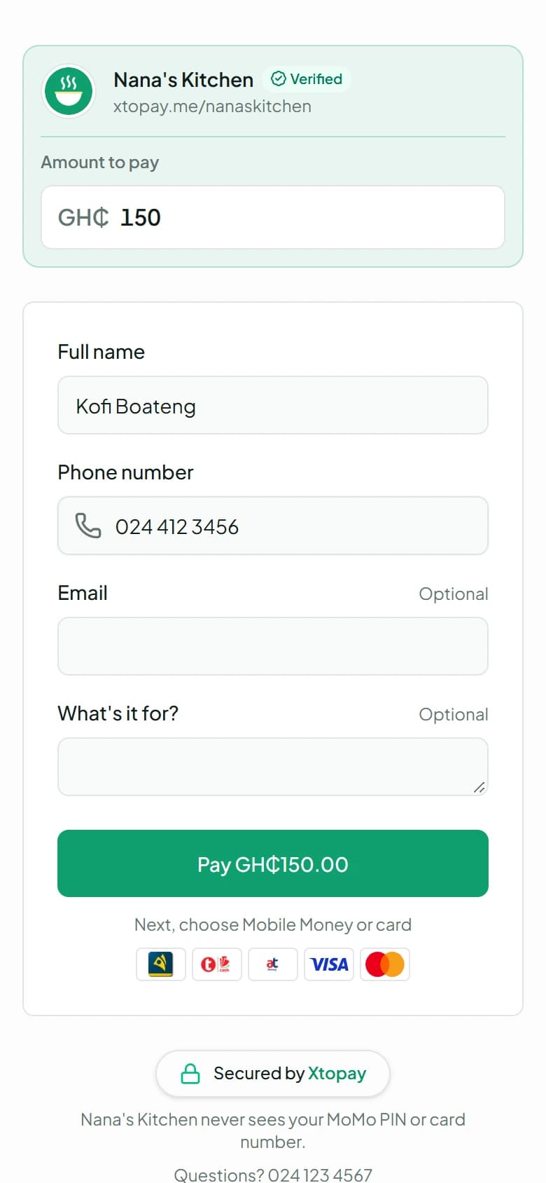 Nana's Kitchen's pay page, xtopay.me/nanaskitchen: the amount, the customer's name and phone, and a Pay button