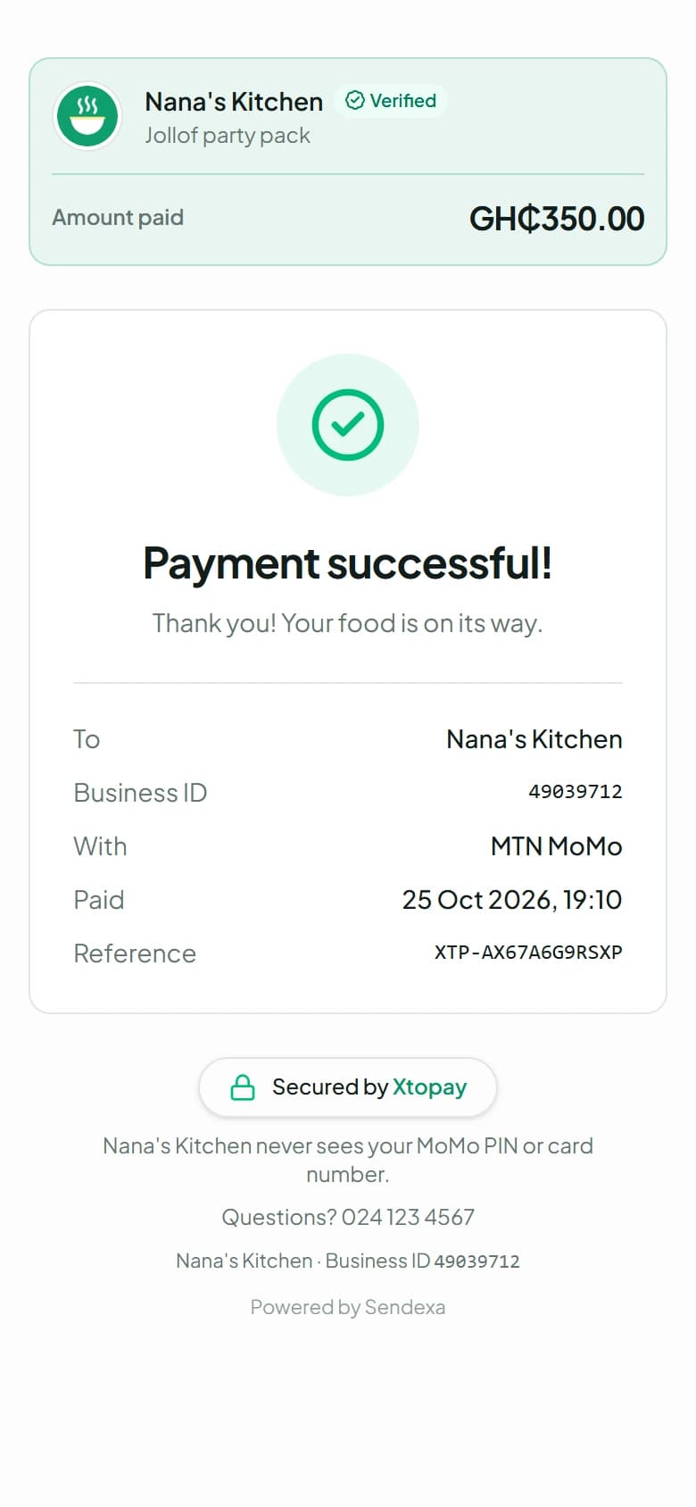 The receipt: payment successful, with the business's thank-you and the payment's details